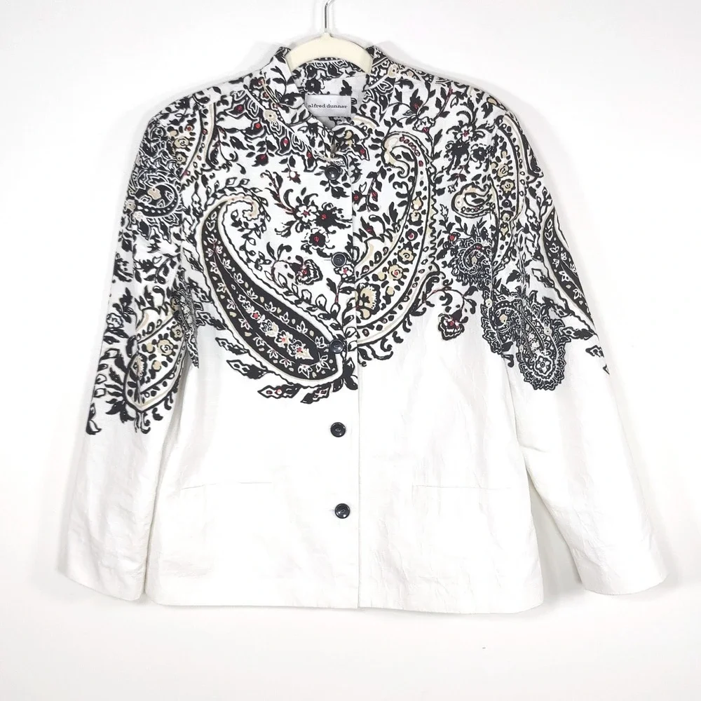 Alfred Dunner Paisley Embellished Jacket Size 14 Cotton Blend Artsy Boho White
